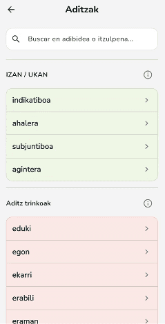Pantalla de consulta de verbos en euskera dentro de Aditzak
