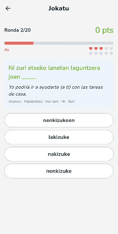 Pantalla de verbos de Aditzak