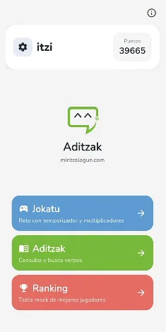 Pantalla principal de Aditzak para aprender euskera desde el móvil